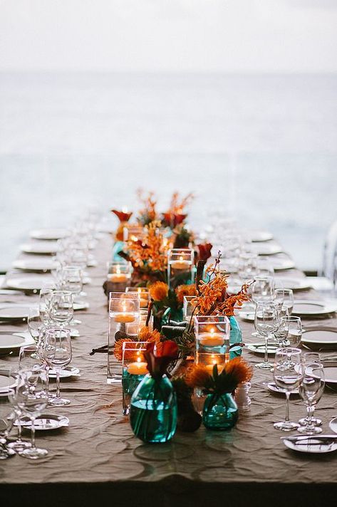 26 Teal And Copper Wedding Ideas To Embrace The Fall Teal Wedding Centerpieces, Teal Fall Wedding, Dark Teal Weddings, Teal And Copper, Fall Wedding Table Decor, Teal Wedding Colors, Orange Wedding Colors, Fall Wedding Tables, Copper Wedding