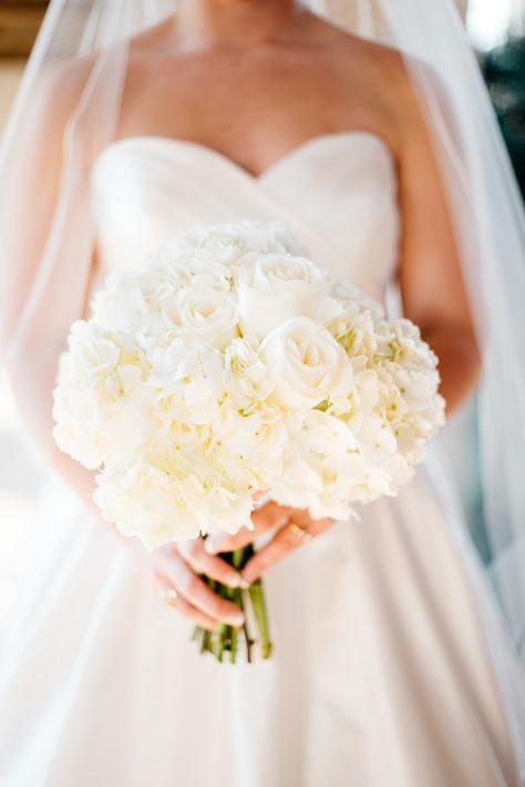 Classic all white wedding bouquet with white roses and hydrangeas. White Rose Hydrangea Bouquet, White Rose And Hydrangea Bouquet, Hydrangea Table Arrangements, Round Wedding Bouquets, Roses And Hydrangea Bouquet, Hydrangea And Rose Bouquet, White Roses And Hydrangeas, All White Wedding Bouquet, White Bouquet Wedding