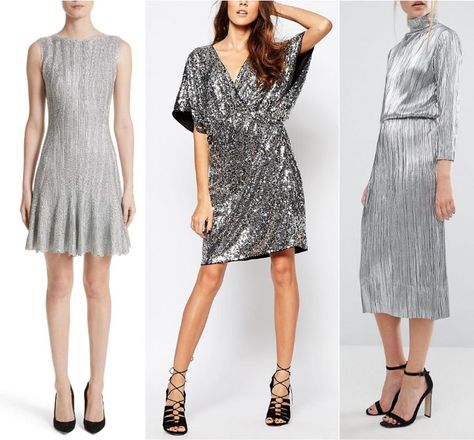 What Color Shoes to Wear with Silver Dress & Outfit Silver Evening Dress Long, Silver Dress Styling, Silver Dress Outfit Casual, Accessories For Silver Dress, Shoes For Silver Dress, Shoes For Grey Dress, Silver Formal Dress Short, Silver Combination Colour Dress, Metallic Silver Dress Outfit