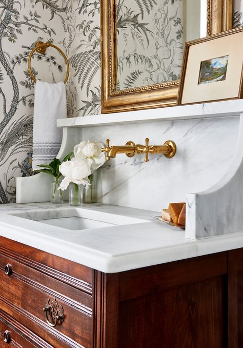 Bathroom of the Week: Traditional Style in a 1920s Cottage 1920s Cottage, Traditional Powder Room, Timeless Bathroom Design, Heart Pine Flooring, Timeless Bathroom, Powder Room Decor, Primary Bathroom, Cottage Renovation, Sky Design