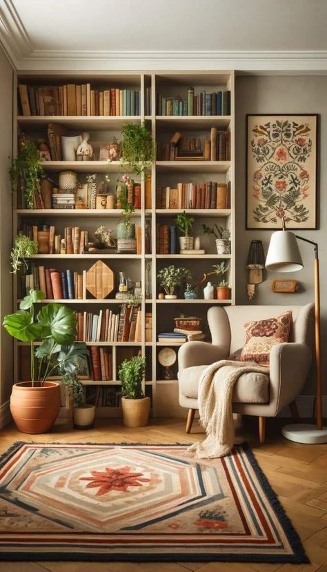 Cozy Home Library, Home Library Rooms, Bookshelves In Living Room, Home Library Design, Living Room Decor Cozy, Reading Corner, Book Nook, Reading Room, Living Room Inspo