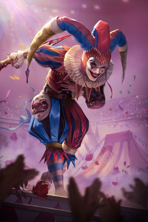 Rockstar Concept Art, Female Clown Art Anime, Scary Jester Art, Evil Clown Character Design, Fantasy Clown Art, Space Clown Dnd, Clown Illustration Character Design, Evil Clown Art, Carnival Character Design