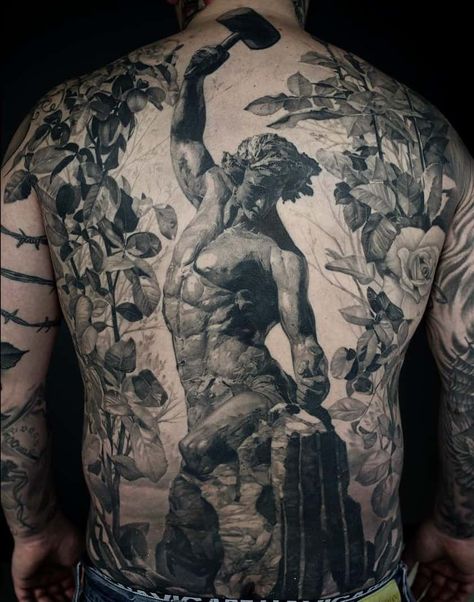 Self Made Statue Tattoo, Man Sculpting Himself Tattoo, Atlas Back Tattoo, Colossus Of Rhodes Tattoo, Front Body Tattoo Men, Self Made Man Tattoo, Hercules Tattoo Mythology, Roman Style Tattoo, Greek Philosophy Tattoo