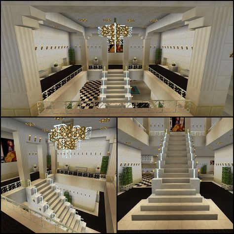 Minecraft Glass Stairs Chandelier Staircase How To Make A Chandelier In Minecraft, Minecraft Grand Staircase Design, Minecraft Hotel Ideas, Minecraft Hotel Interior, Minecraft Stairs Staircases, Minecraft Glass House, Staircase In Minecraft, Minecraft Hotels Ideas, Stairs In Minecraft