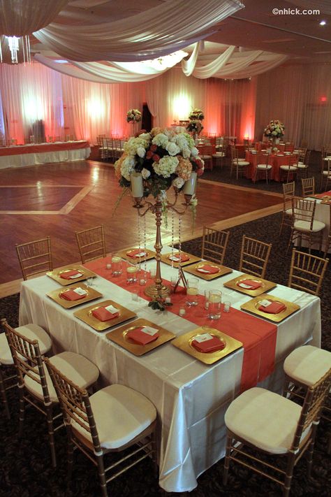 Table setting example Coral Wedding Decorations, Gold Plates, Gold Flatware, Wedding Mandap, Gold Wedding Decorations, Romantic Wedding Decor, Wedding Place Settings, Coral Wedding, Martini Glasses