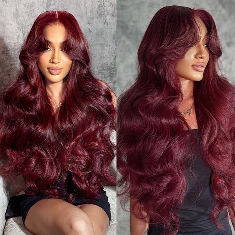 PRICES MAY VARY. BURGUNDY LACE FRONT WIGS HUMAN HAIR:180% Density 99j body wave lace front wigs human hair is all made of original Brazilian virgin human hair. 13x6 HD lace, invisible, durable and breathable. Pre plucked natural hairline with baby hair GLUELESS HUMAN HAIR WIGS PRE PLUCKED HAIR DETAILS:Choose high quality original human hair, full and thick, soft and smooth, healthy and bouncy. The wig is not easy to tangle or shedding, can be restyled as you Like;No chemical ingredients HUMAN HA Magenta Wigs For Black Women, Sensational Wigs, Maroon Hair Burgundy Wine, Burgundy Middle Part Wig, Bodywave Lacefront Wig, Burgundy Wigs For Black Women, Warm Red Hair, Dream Hairstyles, Burgundy Wig