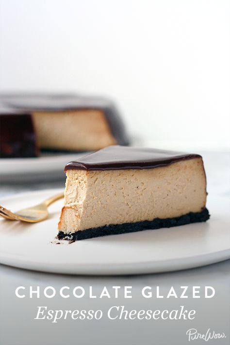 We present you with the perfect dessert: Chocolate Glazed Espresso Cheesecake. This recipe's a win-win-win. Espresso Cheesecake, Kek Coklat, Coconut Dessert, Brownie Desserts, Espresso Powder, Chocolate Glaze, Cookie Crumbs, Cooking Recipe, Cooking Method