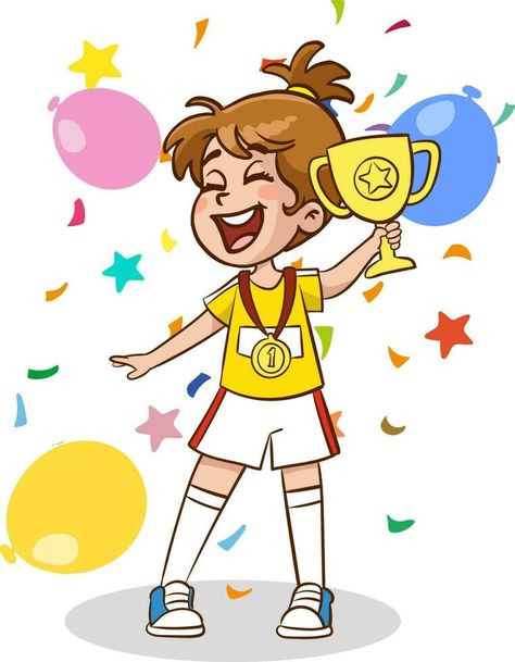 Champion or winner of sport competition girl cartoon character with gold medal award on neck, flat vector illustration isolated on white background. Winner Illustrations, Champion Illustration, Sports Cartoon, Cartoon Sports, Javelin Throw, Education Poster Design, Girl Cartoon Characters, Background Gold, Flat Vector Illustration