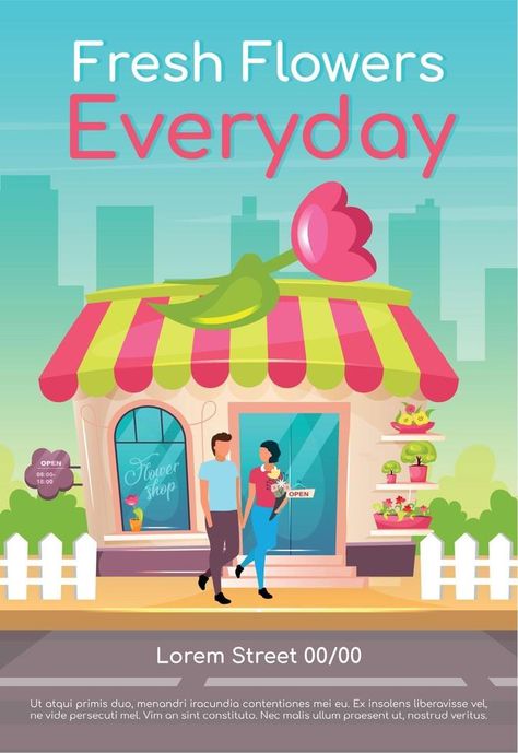 Fresh flowers everyday poster flat vector template. Buy romantic bouquet. Florist store front. Brochure, booklet one page concept design with cartoon characters. Flower shop flyer, leaflet Flower Shop Advertising Poster, Flower Shop Flyer, Free Paper Printables, Poster Flat, Romantic Bouquet, Florist Shop, Vector Template, Flat Vector, Store Front