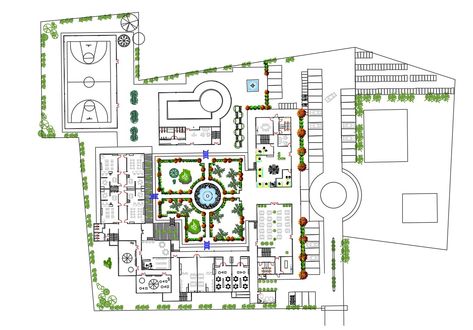 Ground Floor Plan Of Sports Club With Landscape Design AutoCAD File; this is the planning of sports club with parking layout plan, landscape design, water body design, furniture layout plan, peripheral big trees, football court, and much more other details, its a CAD file format. Landscape Ideas School, Courtyard Design Plan Landscape, Sport Complex Architecture Plan, Sport Club Architecture, Sports Complex Plan, Water Body Design, Parking Layout Plan, Sports Complex Design Concept, Sports Club Design