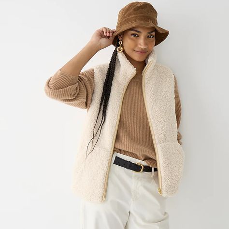 J.Crew: Teddy Sherpa Vest For Women Blue Vest Outfits For Women, Teddy Vest Outfit, Fuzzy Vest Outfit, Sherpa Vest Outfit, Winter Vest Outfits, Fleece Vest Outfit, Gilet Outfit Women, Cropped Denim Jacket Outfit, Womens Leather Jacket Outfit