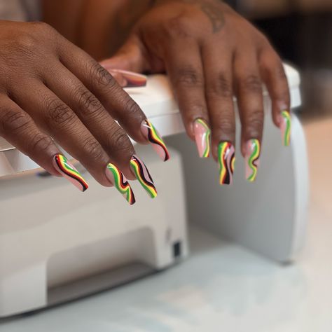 some rasta-cuties ❤️💛💚🖤 #gelx Jamaica Inspired Nails, Reggae Nails, Bob Marley Nails, Rasta Woman, Rasta Nails, Rasta Colors, Nice Nails, Inspired Nails, Long Acrylic