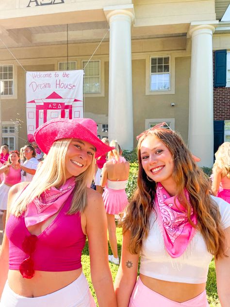 Barbie Theme Sorority Bid Day, Barbie Rush Theme, Barbie Theme Spirit Week, Barbie Work Week Theme, Welcome To The Dream House Sorority, Welcome To The Dream House Bid Day, Sorority Barbie Theme, Barbie Recruitment Theme, Barbie Spirit Week Ideas