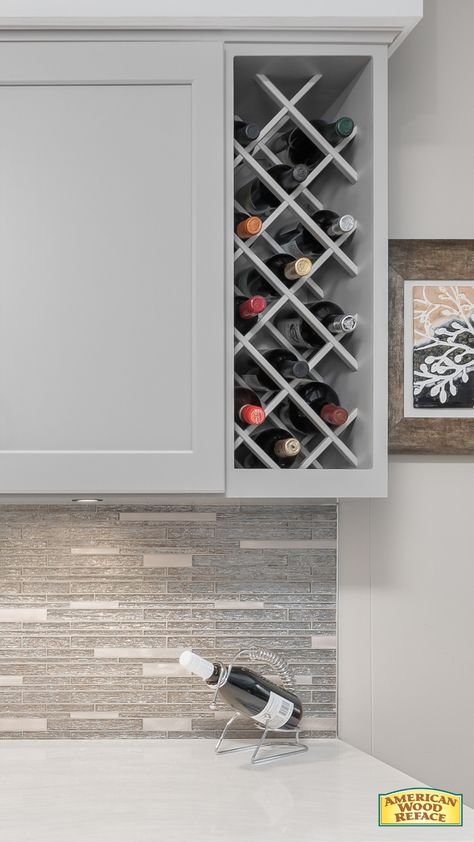 Wine Rack Top Of Cabinet, Wine Rack Kitchen Counter, Counter Top Wine Rack, Wine Rack Wall Kitchen Cabinets, Cabinet To Wine Rack, Wine Shelf In Kitchen, Wine Rack Wall Kitchen, Shaker Kitchen Wine Rack, Kitchen Cabinet For Wine