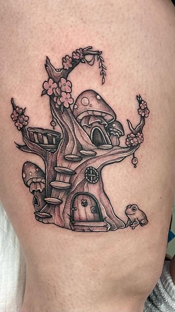 Mushroom Village Tattoo, Fairy Cottage Tattoo, Fairy House Tattoo Designs, Fairy Reading A Book Tattoo, Fairy Tree Tattoo, Spiderwick Tattoo, Whimsical Garden Tattoo, Mushroom Garden Tattoo, Mushroom House Tattoo