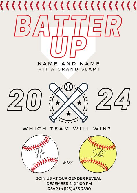 love baseball and softball? here is a gender reveal for both softball and baseball, not just baseball and bows! no need to have a special canva membership --- just sign in for free and customize this invite template! Softball Baseball Gender Reveal, Softball Gender Reveal Ideas, Baseball Gender Reveal Party, Softball Gender Reveal, Baseball Gender Reveal, Softball And Baseball, Simple Gender Reveal, Gender Reveal Themes, Gender Party