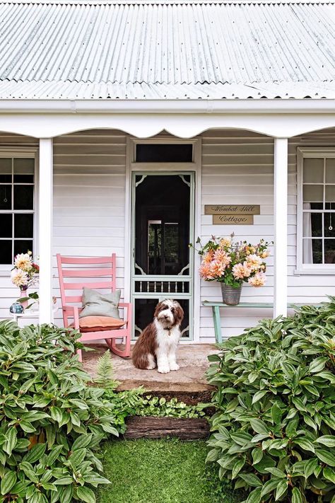 White Cottage Exterior, White Weatherboard House, Weatherboard Cottage, Country Home Exterior, Cornish Cottage, Steel Frame Doors, Art Deco Apartment, Pitched Ceiling, Cottage Porch