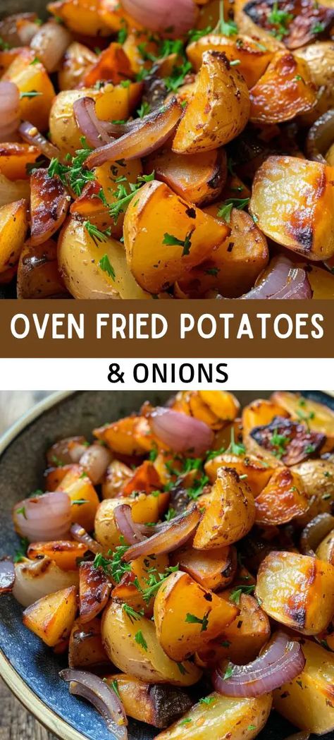 Oven Fried Potatoes & Onions Potato With Onions, Diced Potatoes In Oven, Oven Potato Recipes, Creamed Spinach Casserole, Fried Potatoes And Onions, Roasted Potatoes And Onions, Oven Fried Potatoes, Red Potato Recipes, Potatoes And Onions