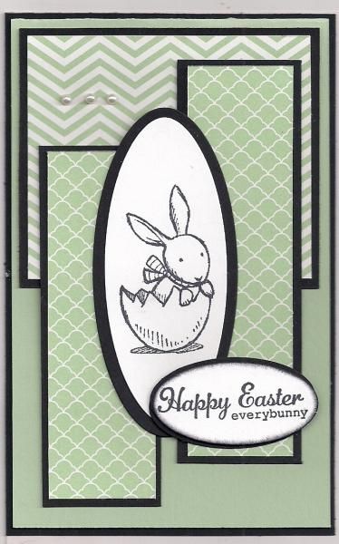 handmade Easter card ... cardmaking sketch:Mojo Monday#339 ...  Tall & Skinny by bmbfield ... monochromatic greens using patterned papers and card stock ... black mats and ink ... crisp look ... bunny in a cracked egg ... like it! Peeps Cards Handmade, Embossed Easter Cards, Washi Tape Easter Cards, Su Easter Friends Cards, Impression Obsession Easter Cards, Easter Cards Handmade, Spring Cards, Card Making Inspiration, Easter Cards