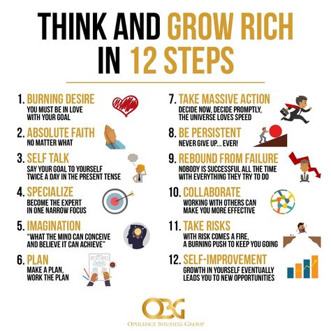 THINK AND GROW RICH IN 12 STEPS You’ve heard the saying “you have to be in it to win it.” Well, that applies here too. You can read all you want, but if you don’t take action on what you learn from this book, then you will never succeed. Like our content? 👍🏽❤️⬇️⁠ #napoleonhill #opulencebizgroup #10x #recessionproof Financial Intelligence, Money Management Activities, Financial Investment, Money Skills, Inspirational Quotes About Success, Personal Improvement, Books For Self Improvement, Think And Grow Rich, Finance Investing