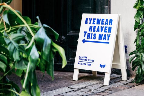 Snask – Brand identity for Norwegian eyewear company Kaibosh Sidewalk Signs, Sidewalk Sign, Shop Signage, Wayfinding Design, Event Display, Sandwich Board, Outdoor Signage, Japanese Graphic Design, Wayfinding Signage