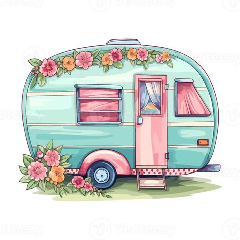 Super cute Spring Caravan, Summer Holiday Caravan Traveling Sticker, truck travel, Travel trailer illustration. Caravan Painting Ideas, Trailer Illustration, Caravan Illustration, Wooden Caravan, Camper Painting, Cute Caravan, Caravan Art, Sublimation Pictures, Caravan Pictures