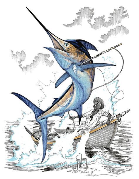 Guy Harvey (Painting Art) oldman and the sea The Old Man And The Sea Art, The Old Man And The Sea, Blue Marlin Tattoo, Guy Harvey Art, Blue Marlin Fish, Marlin Fish, Marine Artist, Sea Tattoo, Sea Life Art