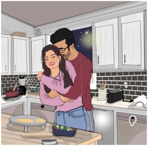 🦩Dhanashree | Custom Illustrator on Instagram: "What’s cooking in your kitchen other than food? Lots of love, laughters, happiness 💕 There are two types of kitchen helpers 1. They’ll really help you in cooking 2. They’ll distract you in a good way ☺️ I’ll take either one haha. #dshreeart" Couple In Kitchen Cooking, Couple In Kitchen, Kitchen Cartoon, Types Of Kitchen, Kitchen Helper, Illustrators On Instagram, Digital Art Illustration, Kitchen Cooking, Lots Of Love