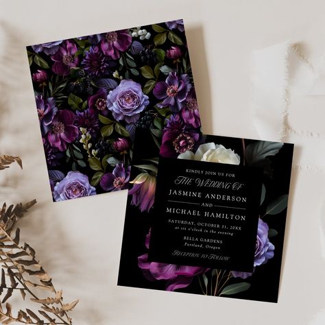 Elegant floral wedding invitations featuring a top and bottom border of purple and burgundy flowers, lush green foliage, and dark berries. "The Wedding Of" is displayed in elegant, modern typography. Personalize the purple floral wedding invitation with your names and wedding details. The square wedding invitation coordinates with our Moody Gothic Floral wedding collection. Deep Purple And Emerald Green Wedding, Halloween Wedding Purple, Black And Purple Wedding, Calligraphy Gothic, Floral Fall Wedding, Unique Wedding Veils, Gothic Wedding Theme, Purple Floral Wedding, Dark Green Wedding