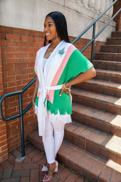 Aka Apparel, Sorority Paraphernalia, Alpha Woman, Transparent Raincoat, Pink And Green Dress, Cardigan Pink, Fringe Cardigan, Patterned Cardigans, Wear Pink