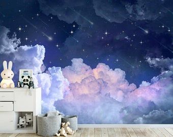 Peel and stick wallpaper purple | Etsy Wallpaper Sparkle, Night Sky Nursery, Galaxy Nursery, Cloud Bedroom, Night Sky Wall, Sky Nursery, Stars Night Sky, Sky Ceiling, Nursery Wall Murals