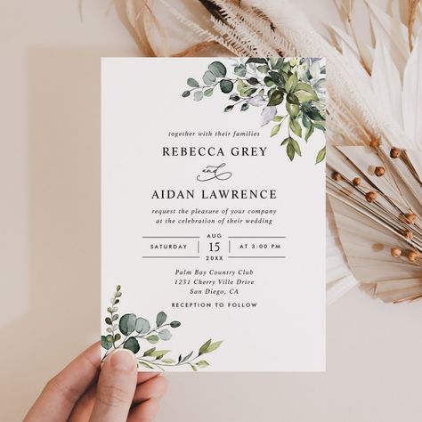 Rustic Eucalyptus Greenery Wedding Invitation Reception Only Invitations, Foliage Leaves, Rustic Wedding Invitations, Floral Foliage, Wedding Greenery, Eucalyptus Wedding Invitation, Wedding Reception Invitations, Watercolor Eucalyptus, Leaves Watercolor