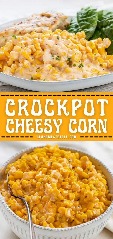 Crockpot Cheesy Corn, Slow Cooker Thanksgiving, Crockpot Thanksgiving, Thanksgiving Dinner Sides, Cheesy Corn Casserole, Corn Recipes Side Dishes, Crockpot Side Dishes, Corn Side Dish, Cheesy Corn