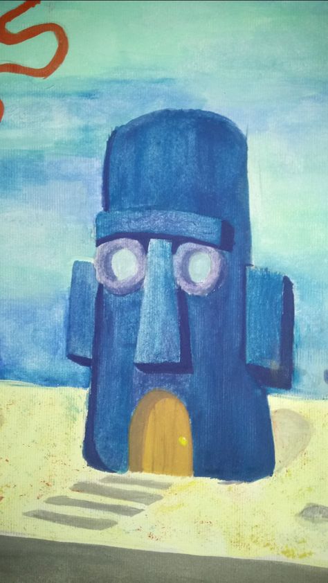 spongebob fanart sponge bob squidward and patick - house - watercolors - ela Sponge Bob House Drawing, Squidward House Painting, Spongebob Watercolor, Sponge Bob Squidward, Squidward Fanart, Spongebob Chalk Art, Squidward House, Funny Painting Idea, Spongebob Fanart