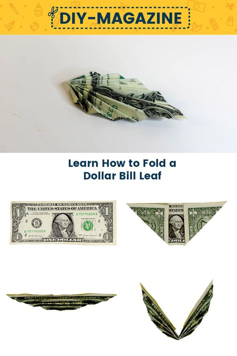 Learn how to make a Leaf Origami From A Dollar Bill Ti Leaf Money Lei, How To Fold Money For Lei, How To Fold Dollar Bills Into Shapes, Money Folding Ideas Easy, Dollar Lei, Dollar Folding, Leaf Origami, Origami Dollar Bill, Fold Dollar Bill