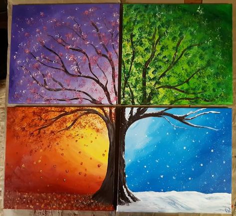 All Season Tree Painting, 4 Section Painting, 6 Seasons Painting, 4 Season Acrylic Painting, 4 Seasons Canvas Painting, Tree Four Seasons Art, Temperature Painting Ideas, 4 Season Tree Art, Acrylic Painting Seasons