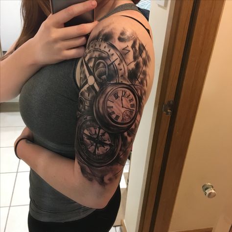 Black and white tattoo half sleeve with compass, clock, and map background Tattoo Half Sleeve, Compass Clock, Tattoos Cross, Violet Tattoo, Black And White Tattoo, Tattoo Background, Butterfly Tattoos For Women, Tattoos For Women Half Sleeve, Map Background