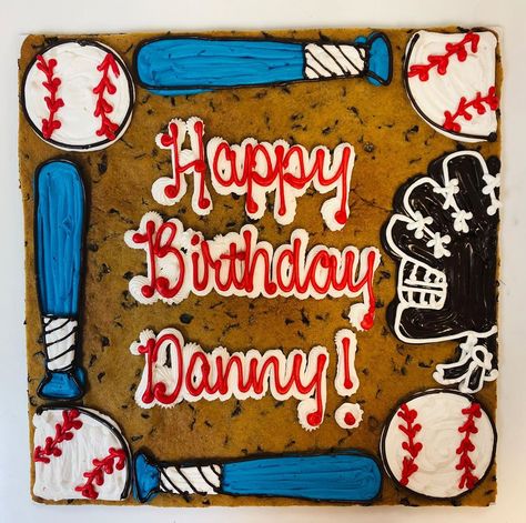 Baseball Birthday Cookie Cake, Baseball Cookie Cake Ideas, Sports Cookie Cake, Great American Cookie Cake Designs, Baseball Cookie Cake, Cookie Cake Icing, Baseball Cakes, Baseball Birthday Cakes, Baseball Snacks