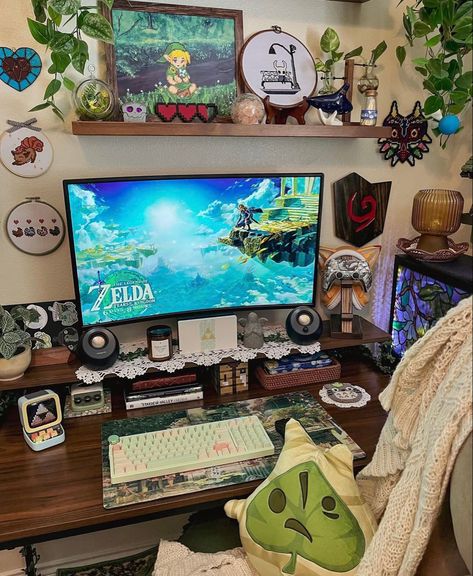 Zelda Gaming Setup, Zelda Inspired Room, Zelda Themed Room, Whimsigoth Room, Nintendo Room, Relaxing Corner, Switch Aesthetic, Pokemon Room, Diy Room Decor For Teens