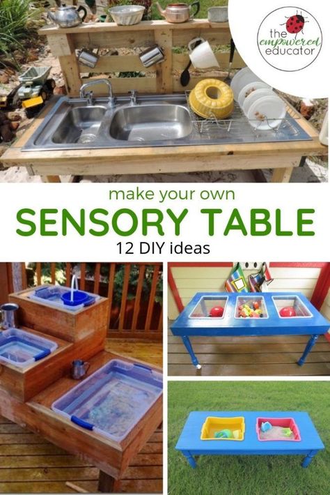 How to build your own water & sand sensory table for play. DIY sensory table ideas for sand play or water play - fun diy resources for early learning educators. #theempowerededucator #sandtable #watertable #sensorybin #sensorybins #diyresources #upcycle #sensorplay #sensoryfun #daycareactivities #familydaycare #waterplay #sandplay Diy Sensory Table, Sensory Tables, Diy Sensory, Girls Playhouse, Outdoor Play Spaces, Family Day Care, Water Tables, Sand And Water Table, Sand Play