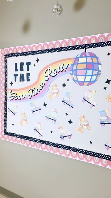 Stephanie & Loreal on Instagram: "We are so excited to let the good times roll into another school year 🛼💕☮️ Skate in with your groovy class and get funky with the easiest editable and printable bulletin board for back to school!! Link in our stories! #teachersfollowteachers #iteach #teachersofinstagram #teachersofig #classroomdecor #bulletinboard #bulletinboardideas #bulletinboards #carsondellosa #classroommakeover #classroomsetup #backtoschool #decoratewithme #artteacher #teacherreel" Cute Kindergarten Bulletin Board Ideas, Retro Bulliten Board, Retro Theme Bulletin Board, Let The Good Times Roll Bulletin Board, Groovy Hallway Decor, Roller Skate Bulletin Board, Groovy Aesthetic Classroom, Disco Theme Bulletin Board, Classroom Announcement Board