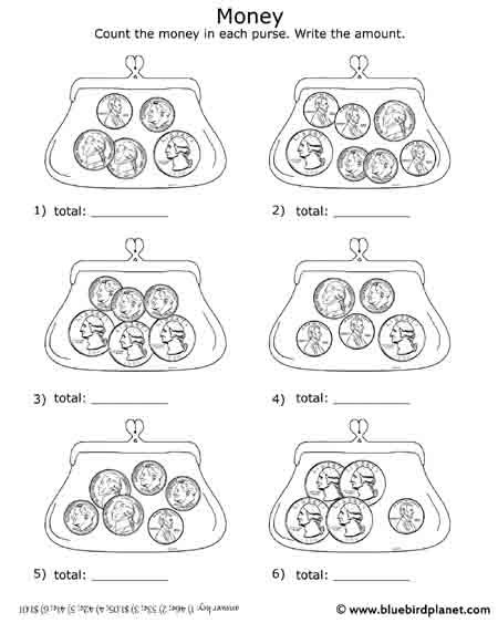 Free printable black & white worksheets for preschool, Kindergarten, 1st, 2nd, 3rd, 4th, 5th grades. Counting Money. Adding Coins in the purse. Counting Coins Worksheet, Counting Money Worksheets, Money Math Worksheets, Learning Money, Teaching Money, Money Activities, Counting Coins, Money Math, Money Worksheets