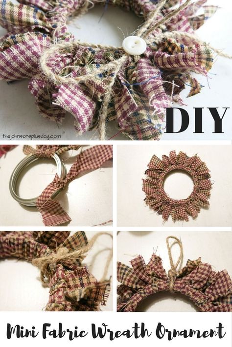 Love this idea of using a mason jar lid ring to make a mini wreath ornament ! DIY Homespun Fabric Christmas Ornaments - Click through for detailed tutorial for 4 different kinds of DIY Christmas ornaments. They make great handmade Christmas presents! Primitive Christmas Decor #primitive #christmas #christmasecor #ornament #masonjar #primitivechristmas Tie Wreath, Diy Fabric Christmas Ornaments, Primitive Christmas Ornaments, Fabric Twine, Handmade Christmas Presents, Mason Jar Lid, Mini Wreath, Wreath Ornament, Burgundy Fabric