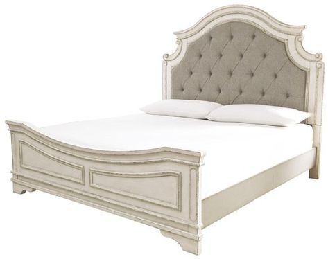 Item Description:Realyn Chipped White California King Sleigh BedSeries Features:Traditional cottage design. Antiqued two-tone finish featuring chipped white cases with distressed wood finished tops. Tops feature Oak veneers, while the cases are made with Birch veneers and hardwood solids. Framed drawer fronts and overlay decorative corbels dress the cases nicely. Ornately shaped headboard with inset upholstered cushion and matching mirror frame. Dovetail drawer construction with ball bearing ... Traditional Cottage, King Upholstered Bed, Queen Upholstered Bed, Queen Panel Beds, Style Cottage, Upholstered Panel Bed, Bedroom Panel, King Bedroom, Bedroom Retreat