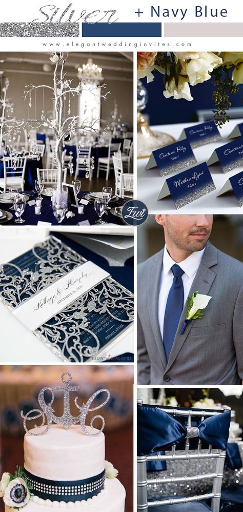 Midnight Blue And Grey Wedding, Blue And Silver Themed Wedding, Grey And Silver Wedding Theme, Navy Blue Purple And Silver Wedding, Royal Blue And Gray Wedding Theme, Platinum Anniversary Party Ideas, Wedding Ideas Blue And Silver, Navy And Silver Winter Wedding, Navy And Grey Wedding Decorations