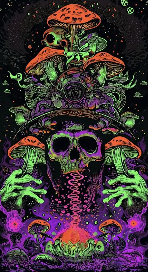 Trippy Backgrounds Iphone, Cool Wallpapers Aesthetic Trippy, Cool Trippy Wallpaper, Skulls And Mushrooms, Colorful Skull Art, Hipster Drawings, Trippy Aesthetic, Trippy Iphone Wallpaper, Mushroom Wallpaper