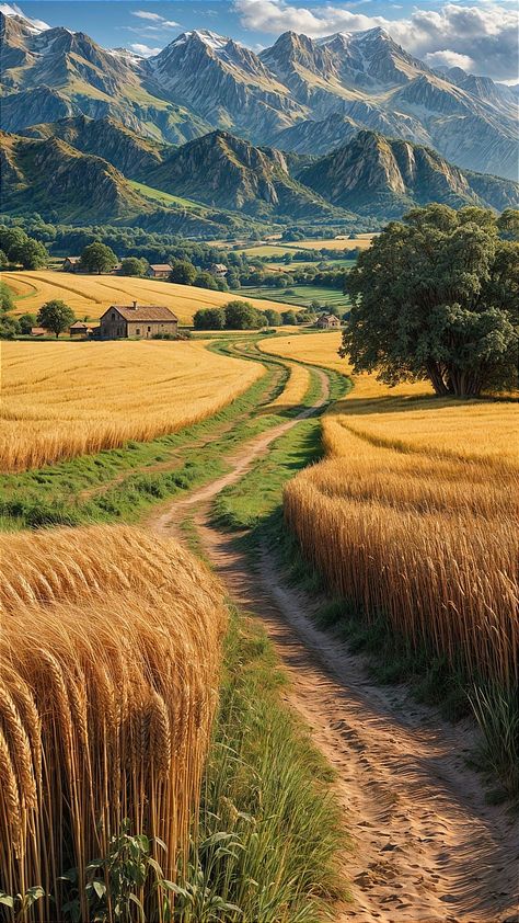 Fields And Mountains, Rural Painting Landscapes, Breathtaking Places Nature, Wheat Field Aesthetic, Farmland Aesthetic, Wheat Field Photography, Wheat Field Painting, Farmland Landscape, Dry Landscape