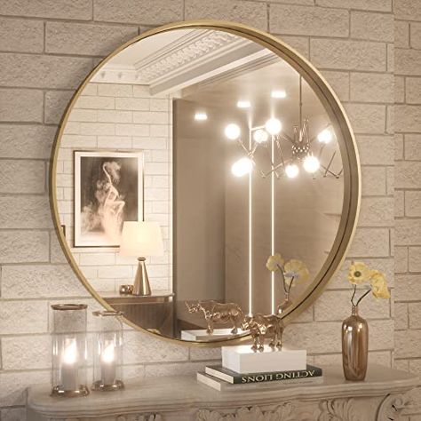 Gold Mirror Bathroom, Vanity Bathroom Mirror, Gold Circle Mirror, Gold Round Mirror, Gold Vanity Mirror, Round Vanity, Round Gold Mirror, Mirror For Wall, Basement Reno