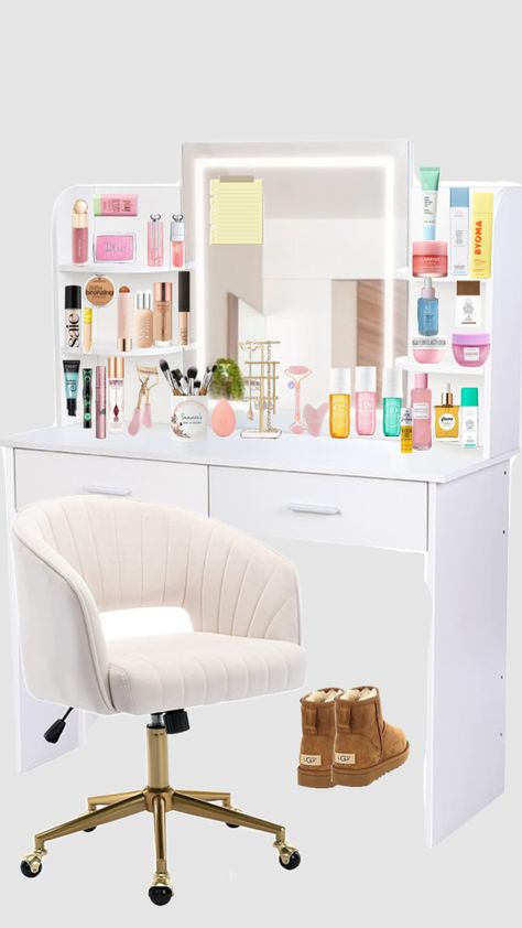 Comment what you would add to this vanity #vanity #skincare #makeuproutine #preppy #fyp Preppy Vanity, Vanity Skincare, Colorful House Decor, Room Wishlist, Beauty Room Vanity, Preppy Bedroom, White Room Decor, Holiday Room, Aesthetic Room Ideas