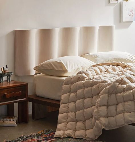 If you're creating a minimalist bedroom, check out these minimalist bed frames to complete your design. Uo Bedroom Inspiration, Modern Industrial Home Decor, Round Headboard Bed, Bolster Headboard, Artistic Headboard, Wavy Headboard, Wavy Wood, Tapestry Headboard, Minimalist Bed Frame